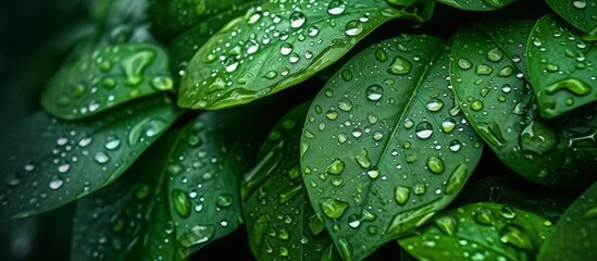Fresh green plant with glistening water droplets reflecting light in garden - obrazy, fototapety, plakaty
