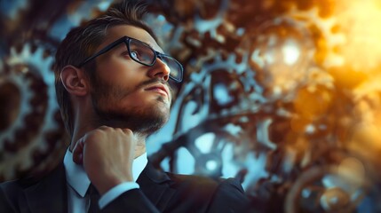 A handsome young businessman in elegant suit, wearing eyeglasses, and looking at the gears or sprockets with a curious and thoughtful face expression. Company strategy idea, cog wheels innovation - obrazy, fototapety, plakaty