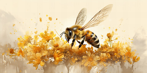 Golden Bee on a Floral Banner: Natures Elegance in a Harmony of Blossoms and Flight - obrazy, fototapety, plakaty