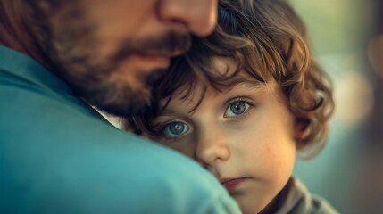 Little toddler boy hugging his father, young son seeking protection from his father or male adult parent with beard closeup. Trust and loyalty, bonding together outdoors, comforting preschooler - obrazy, fototapety, plakaty