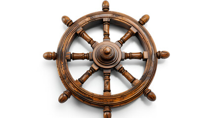 Wooden helm wheel isolated on white background. Generate captivating maritime imagery with Generative AI.

