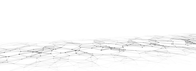 Vector abstract technology perspective grid. Detailed wireframe landscape with lines on black background. Digital space with mesh. Concept connection big data. Futuristic technology backdrop.