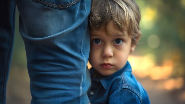 Little toddler boy hugging his father's leg, young son seeking protection from his father or male adult parent with beard closeup. Trust and loyalty, bonding together outdoors, preschooler safety