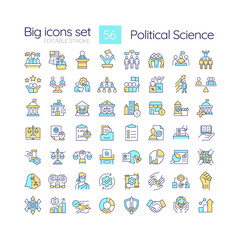 Political science RGB color icons set. Individual rights regulation. Constitution authority, legislation. Isolated vector illustrations. Simple filled line drawings collection. Editable stroke