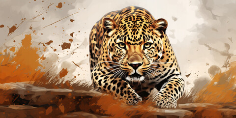 Majestic Leopard Sprinting in Autumn: A Dynamic Digital Art Banner Displaying Natures Magnificence