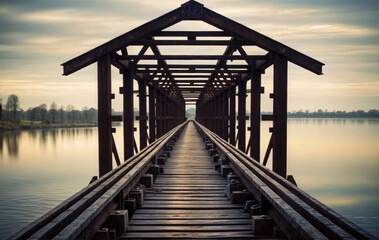 wooden bridge over the lake in the morning created with Generative AI technology