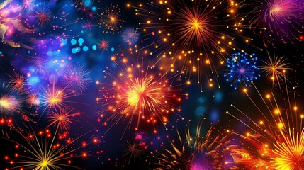 Fototapeta premium Colorful fireworks on black background, in the style of multidimensional layers, vivid color schemes, transparency and opacity, pattern designs, light and color effects, holiday celebration.