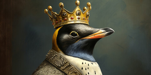 Regal Penguin Monarch: A Majestic Banner of Royal Avian Sovereignty and Grandeur - obrazy, fototapety, plakaty