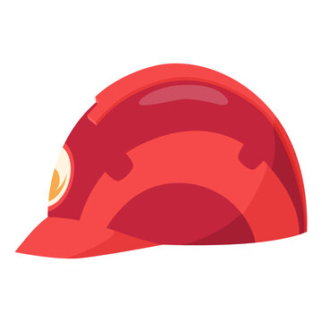 Fireman helmet icon, side view. Hat of firefighter with metal emblemsor logo. Red fireman cup, uniform headwear. Vector illustration isolated on white