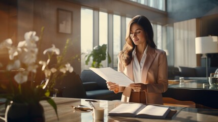 Professional woman reading document, sunlight office interior