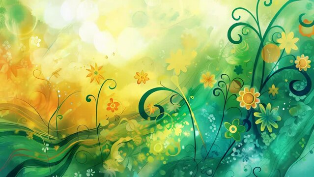 abstract watercolor floral background with green grass and yellow flowers.
