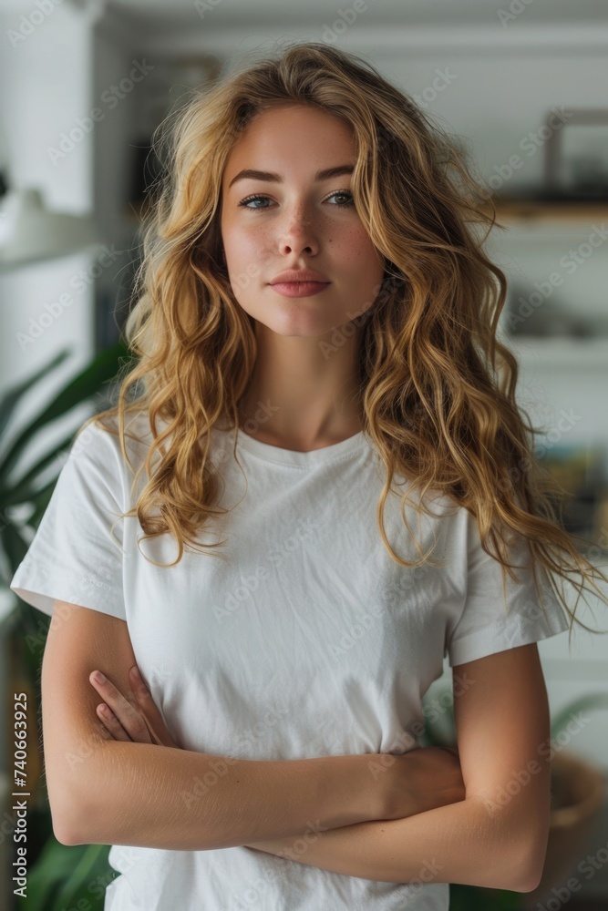 Wall mural Young woman wearing a white casual t-shirt. mock up for tshirt print store. ai generated