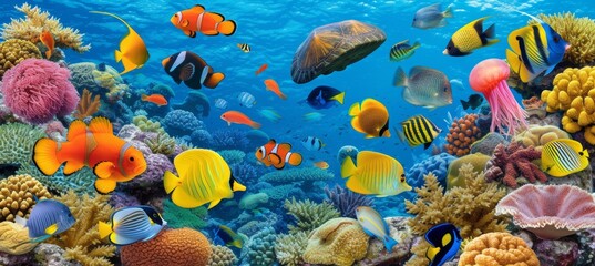 Fototapeta na wymiar Psychedelic underwater wonderland luminous sea creatures, ethereal coral, and vibrant coral reefs