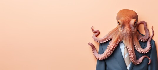 Octopus in business attire pretending to work in corporate studio with copy space - obrazy, fototapety, plakaty