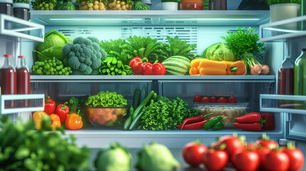 The interior of the refrigerator filled with vibrant, fresh vegetables, creating a wholesome and colorful scene., Generative Ai

 - obrazy, fototapety, plakaty