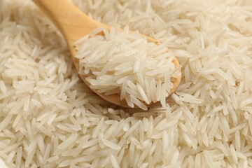Heap of raw basmati rice with spoon, closeup