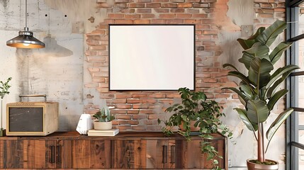 A mockup poster blank frame hanging on a rustic brick wall, above a vintage wooden bookcase, Minimalist-style living area