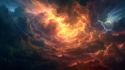 The Wrath of God: Lightning and thunderstorm in the sky, a magnificent display of nature's power, striking fear and awe in equal measure, Generative Ai.

 - obrazy, fototapety, plakaty