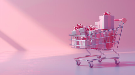 Shopping cart with pink gift boxes on a pink background with copy space