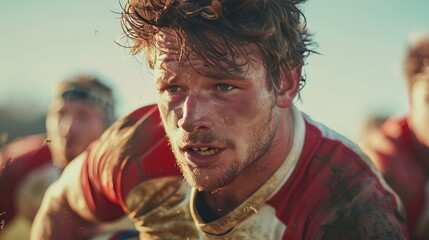 Close Up Portrait of Rugby Player in Red and White Shirt