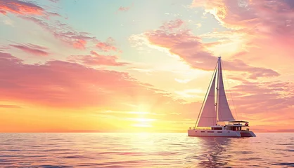 Deurstickers A sailboat drifts on glassy waters under a stunning sunset, with a sky painted in hues of pink, orange, and blue, reflecting the tranquil beauty of a serene evening. Copy space © zakiroff