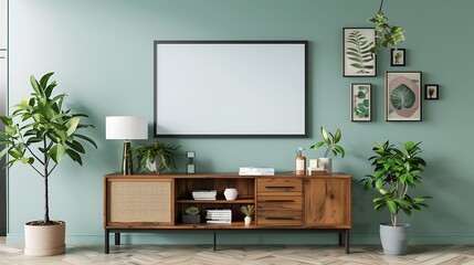 A mockup poster blank frame hanging on a refreshing mint green wall, above a stylish modular shelving system, Minimalist-style living area