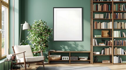 A mockup poster blank frame hanging on a refreshing mint green accent wall, above a chic wooden bookshelf, Minimalist-style living area