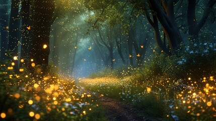 Whimsical Forest with Twinkling Fireflies at Night for Magical Scenes