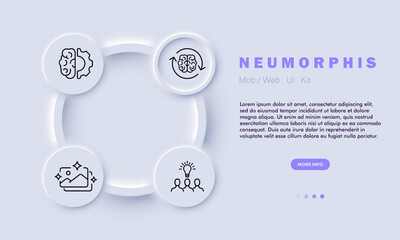 Creation line icon. Dynamic, collaboration, creativity, brain, light bulb, gear, gallery. Neomorphism style. Vector line icon for business and advertising
