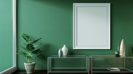 A mockup poster blank frame hanging on a lush green accent wall, above a sleek glass display cabinet, Minimalist-style living area