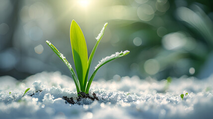 A young green sprout emerges from the snowy frozen ground, signaling the resilience of life in harsh conditions, Generative Ai.

 - obrazy, fototapety, plakaty