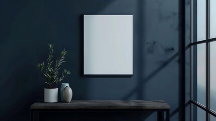 A mockup poster blank frame hanging on a deep navy blue wall, above a stylish floating shelf, Minimalist-style living area