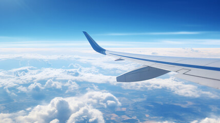 Fototapeta na wymiar Airplane wing over the clouds.