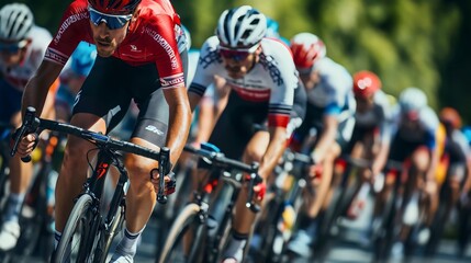 Professional male cyclist wearing sunglasses, safety helmet and a sport uniform, riding a bike, athlete in motion on a sunny summer day, other competitors blurred in the background, race event