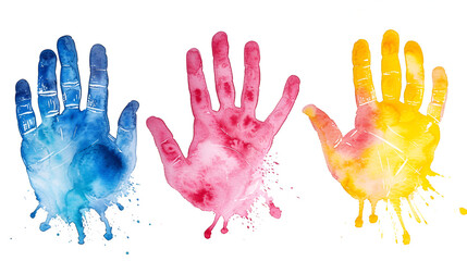 Set colorful hand print paint watercolor isolated on white background, Generative Ai.

