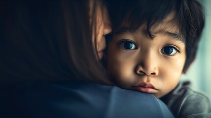 Little toddler boy hugging his mother, young son seeking protection from his mom or female adult parent closeup. Trust and loyalty, bonding together outdoors, comforting scared preschooler