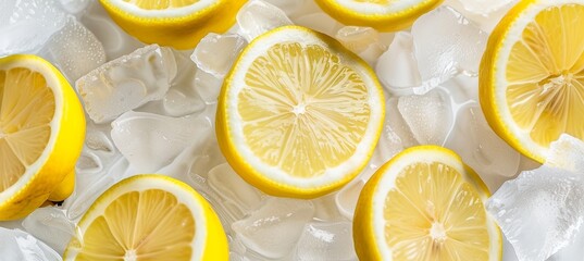 Fresh lemons submerged in water, top view of healthy citrus fruits on food background