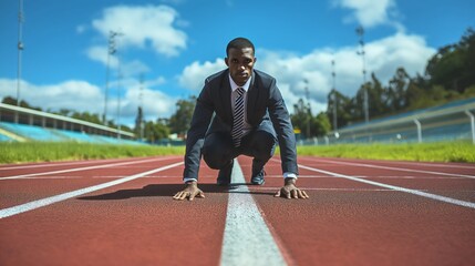 African American businessman in an elegant suit getting ready to run on an orange running tracks outdoors. Leadership challenge for the CEO executive of the company concept, start line, determination
