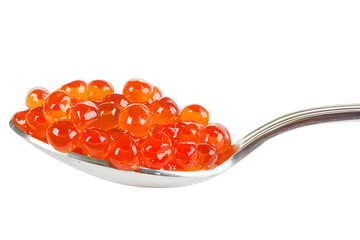 Spoon with red caviar isolated on white background
