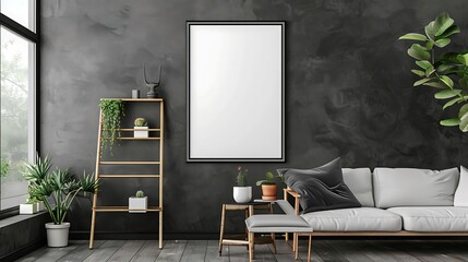 A mockup poster blank frame hanging on a chic slate gray wall, above a minimalist ladder shelf, Minimalist-style living area