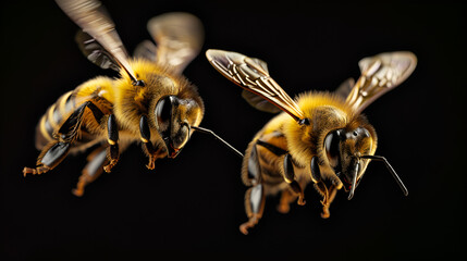 Two bees in flight, isolated on black background, creating a captivating scene of nature's beauty, Generative Ai.

