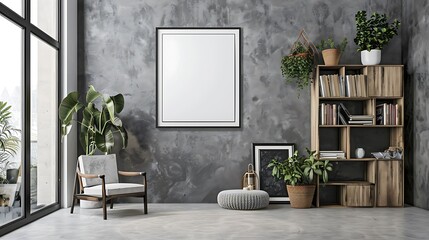 A mockup poster blank frame hanging on a chic slate gray wall, above a minimalist cube bookcase, Minimalist-style living area