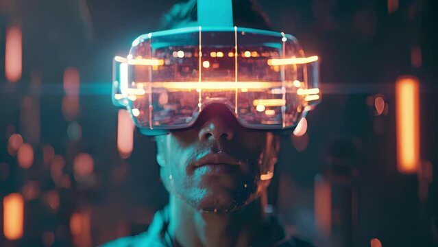 Closeup of a virtual reality headset being worn by an engineer simulating the experience of controlling and manipulating a digital twin of a physical et.
