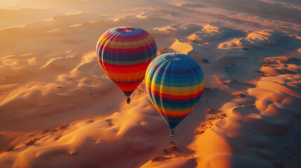 Colorful hot air balloons drift gracefully over the vast desert landscape, creating a mesmerizing contrast against the arid terrain, Generative Ai.

