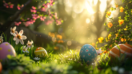 Easter egg and spring flowers in the grass