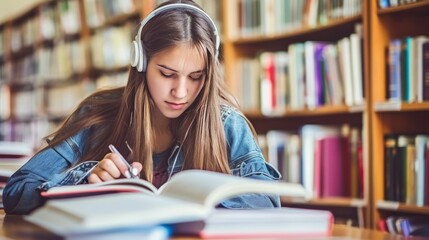 Latin female student engaged in virtual online class, listening to school teacher through headphones