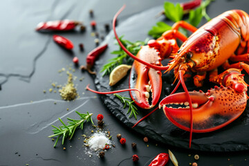 Boiled lobster with vegetables on a black stone plate. Seafood. Top view. Free space for your text. A delicious freshly boiled lobster on plate. restaurant menu.