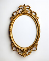 Oval golden frame for paintings, mirrors or photo isolated on white background. Vintage decoration
