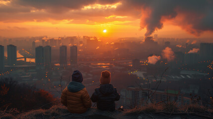 Fototapeta premium banner for a kid sitting looking to environment pollution Generative AI