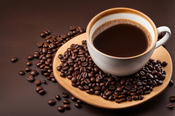 Fototapeta premium Steaming Coffee Cup with Roasted Beans on Wooden Plate